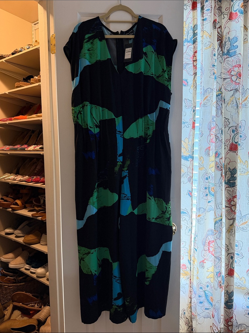 One-Piece Wide Leg Jumpsuit in Navy with Green and Teal Print